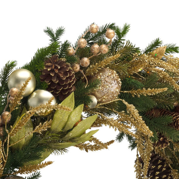 Safavieh Golden Gilded Pine Holiday Wreath with Ornaments Pinecones and Metallic Bow FXP1097A