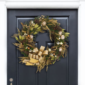 Safavieh Golden Gilded Pine Holiday Wreath with Ornaments Pinecones and Metallic Bow FXP1097A