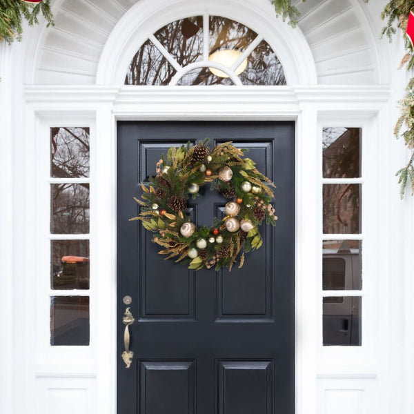 Safavieh Luxe Pine Holiday Wreath with Gold Ornaments Pinecones and Metallic Foliage Accents FXP1098A