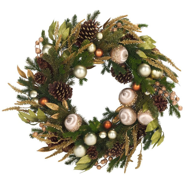 Safavieh Luxe Pine Holiday Wreath with Gold Ornaments Pinecones and Metallic Foliage Accents FXP1098A
