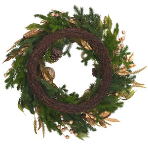 Safavieh Luxe Pine Holiday Wreath with Gold Ornaments Pinecones and Metallic Foliage Accents FXP1098A