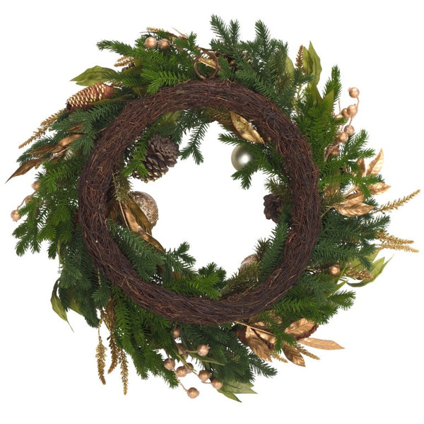 Safavieh Luxe Pine Holiday Wreath with Gold Ornaments Pinecones and Metallic Foliage Accents FXP1098A