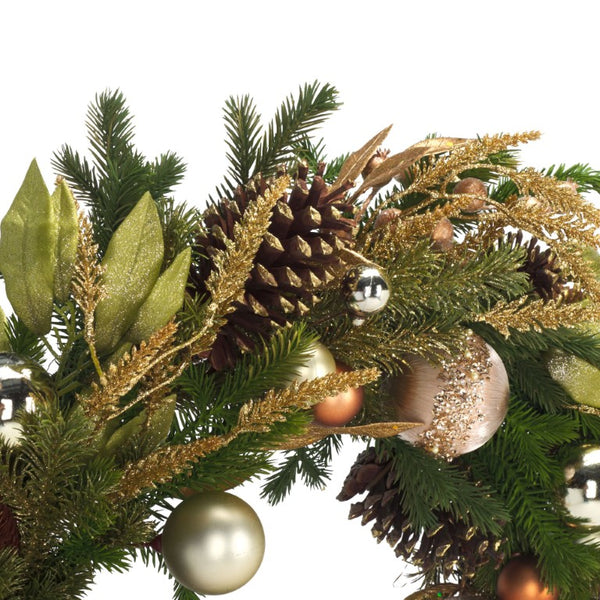 Safavieh Luxe Pine Holiday Wreath with Gold Ornaments Pinecones and Metallic Foliage Accents FXP1098A