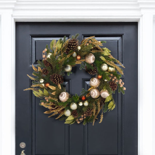 Safavieh Luxe Pine Holiday Wreath with Gold Ornaments Pinecones and Metallic Foliage Accents FXP1098A
