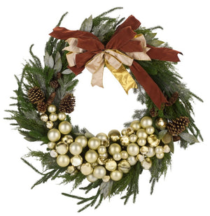 Safavieh Faux Pine Needle Holiday Wreath with Pinecones Ribbon and Ornaments for Door or Mantel FXP1099A