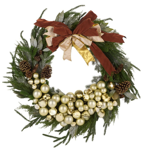Safavieh Faux Pine Needle Holiday Wreath with Pinecones Ribbon and Ornaments for Door or Mantel FXP1099A
