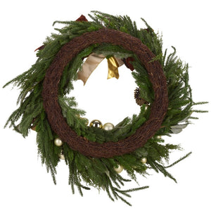 Safavieh Faux Pine Needle Holiday Wreath with Pinecones Ribbon and Ornaments for Door or Mantel FXP1099A