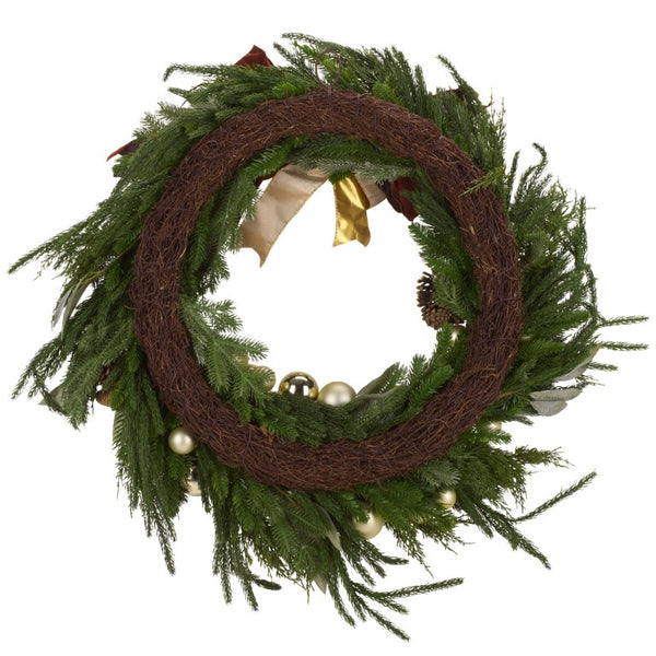 Safavieh Faux Pine Needle Holiday Wreath with Pinecones Ribbon and Ornaments for Door or Mantel FXP1099A