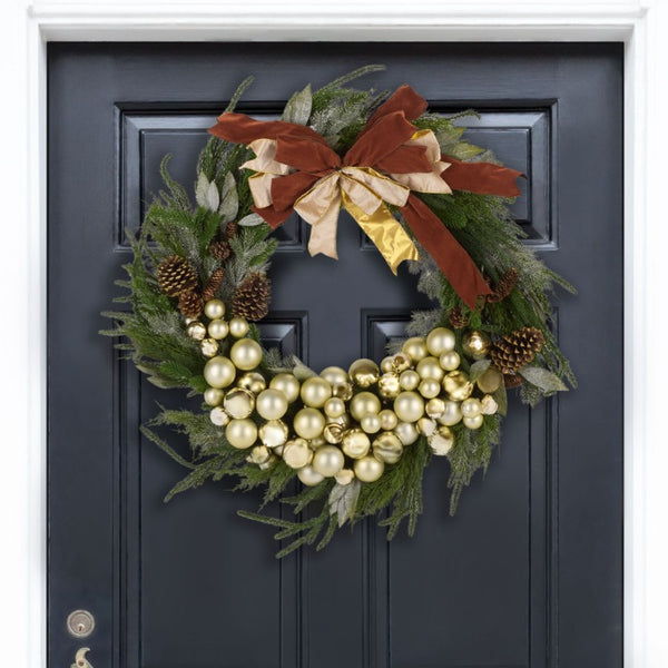 Safavieh Faux Pine Needle Holiday Wreath with Pinecones Ribbon and Ornaments for Door or Mantel FXP1099A