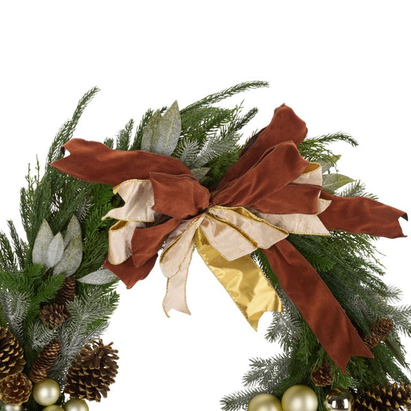 Safavieh Faux Pine Needle Holiday Wreath with Pinecones Ribbon and Ornaments for Door or Mantel FXP1099A