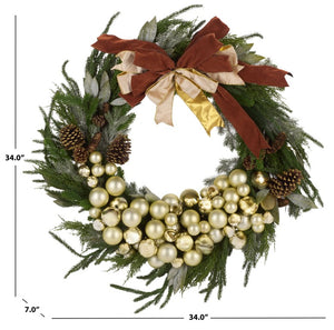 Safavieh Faux Pine Needle Holiday Wreath with Pinecones Ribbon and Ornaments for Door or Mantel FXP1099A