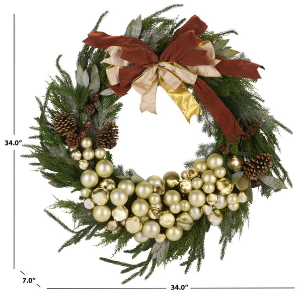 Safavieh Faux Pine Needle Holiday Wreath with Pinecones Ribbon and Ornaments for Door or Mantel FXP1099A
