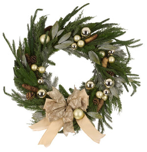 Safavieh Faux Pine Needle Holiday Wreath with Ornaments Ribbon and Natural Cones Festive Decor FXP1100A