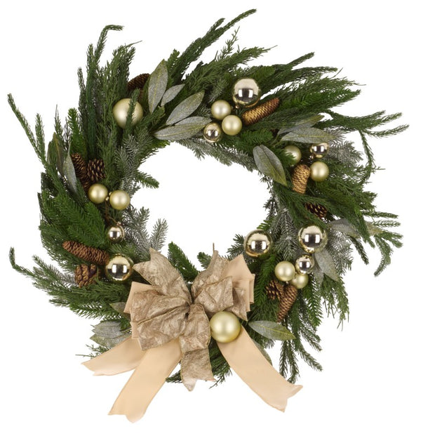 Safavieh Faux Pine Needle Holiday Wreath with Ornaments Ribbon and Natural Cones Festive Decor FXP1100A