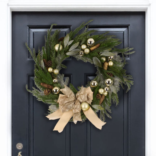 Safavieh Faux Pine Needle Holiday Wreath with Ornaments Ribbon and Natural Cones Festive Decor FXP1100A
