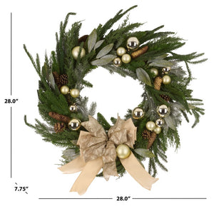 Safavieh Faux Pine Needle Holiday Wreath with Ornaments Ribbon and Natural Cones Festive Decor FXP1100A