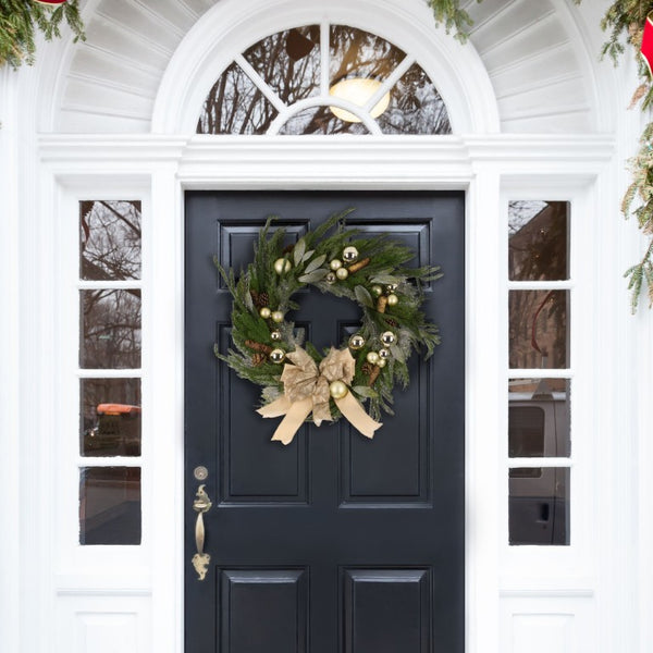 Safavieh Faux Pine Needle Holiday Wreath with Ornaments Ribbon and Natural Cones Festive Decor FXP1100A