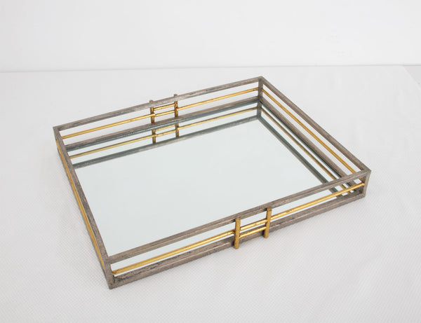 Zeugma Fxt110 Elegant Champagne & Gold Leaf Serving Tray With Mirror Base - Perfect For Stylish Decor! Champagne Finish With Gold Leaf Metal,Mirror,Plywood Fxt110 Champagne And Gold