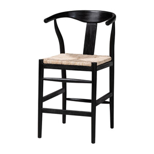 Baxton Studio Bali & Pari Handwoven Rattan Counter Stool Mahogany Frame Boho Coastal Kitchen Seating Black/Natural Brown Frame: Mahogany Wood; Seat: Banana Rope 21.7W x 22.6D x 36.6H Fika-Black Wood/Abaca White Weaving-CS