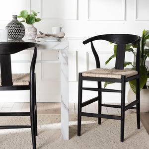 Baxton Studio Bali & Pari Handwoven Rattan Counter Stool Mahogany Frame Boho Coastal Kitchen Seating Black/Natural Brown Frame: Mahogany Wood; Seat: Banana Rope 21.7W x 22.6D x 36.6H Fika-Black Wood/Abaca White Weaving-CS