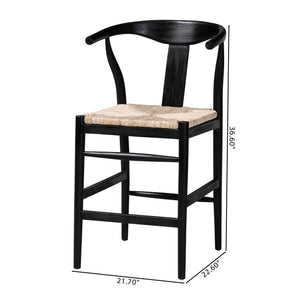 Baxton Studio Bali & Pari Handwoven Rattan Counter Stool Mahogany Frame Boho Coastal Kitchen Seating Black/Natural Brown Frame: Mahogany Wood; Seat: Banana Rope 21.7W x 22.6D x 36.6H Fika-Black Wood/Abaca White Weaving-CS