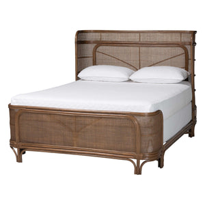 Baxton Studio Bali & Pari Fiore Handwoven Rattan Queen Bed Wingback Headboard Bohemian Bedroom Fiore-Mocha Brown/Rattan-Queen