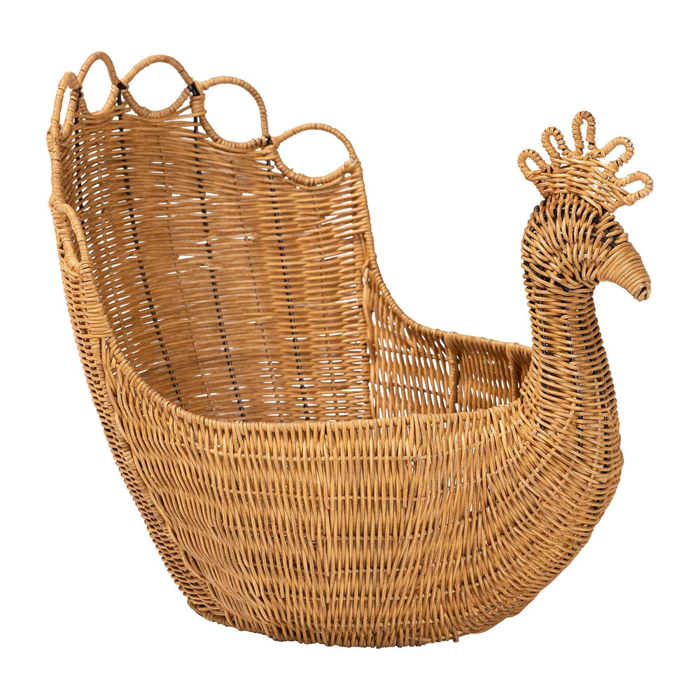 Baxton Studio Bali & Pari Florabel Handwoven Rattan Peacock Storage Basket Artisan Boho Decor Flocks-Light Honey Rattan-Basket