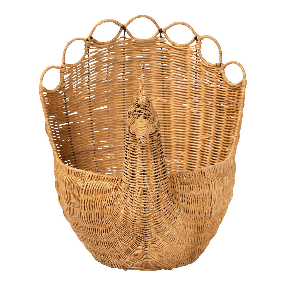 Baxton Studio Bali & Pari Florabel Handwoven Rattan Peacock Storage Basket Artisan Boho Decor Flocks-Light Honey Rattan-Basket