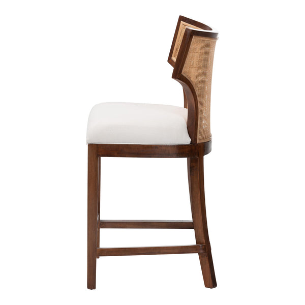 Bali & Pari Franco Acacia Wood Barstool with Rattan Back and Upholstered Cushion