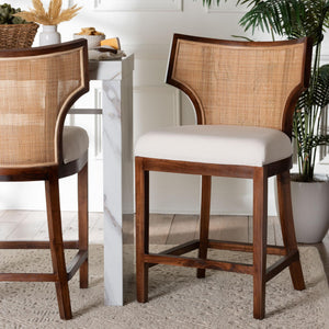 Bali & Pari Franco Acacia Wood Barstool with Rattan Back and Upholstered Cushion