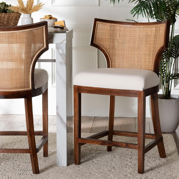 Bali & Pari Franco Acacia Wood Barstool with Rattan Back and Upholstered Cushion