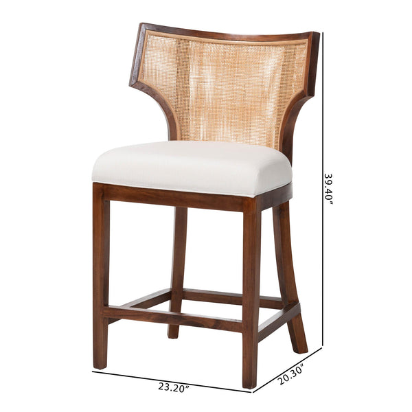 Bali & Pari Franco Acacia Wood Barstool with Rattan Back and Upholstered Cushion