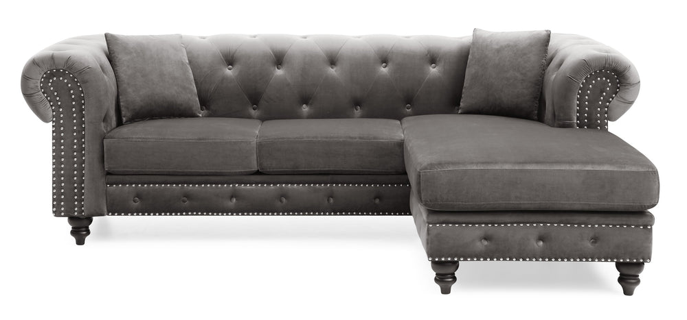 English Elm Nola Dark Gray Velvet Sofa Chaise Without Ottoman — Tufted MicroSuede, Chrome Nailhead Trim, Durable Frame B078S00007
