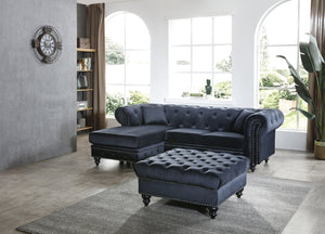 English Elm Nola Velvet Tufted Sofa Chaise with Nailhead Trim, Pocketed Coil Cushions and Turned Wood Legs Black 14 L x 27 W x 72 H B078S00010