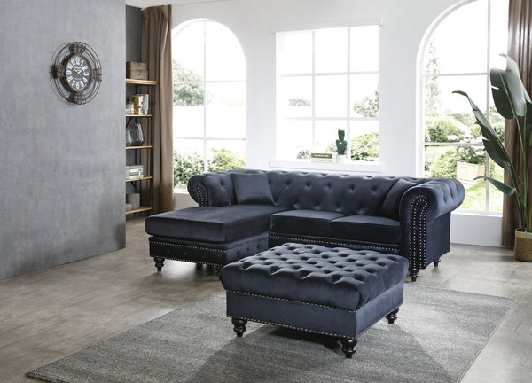English Elm Nola Velvet Tufted Sofa Chaise with Nailhead Trim, Pocketed Coil Cushions and Turned Wood Legs Black 14 L x 27 W x 72 H B078S00010