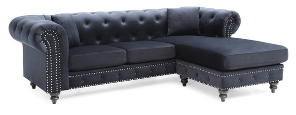 English Elm Nola Velvet Tufted Sofa Chaise with Nailhead Trim, Pocketed Coil Cushions and Turned Wood Legs Black 14 L x 27 W x 72 H B078S00010