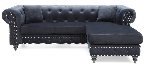 English Elm Nola Velvet Tufted Sofa Chaise with Nailhead Trim, Pocketed Coil Cushions and Turned Wood Legs Black 14 L x 27 W x 72 H B078S00010
