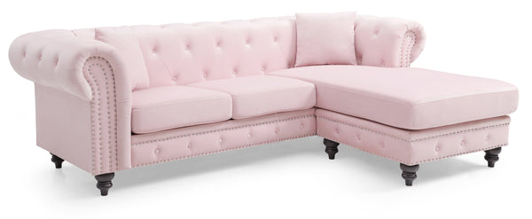English Elm Glory Velvet Tufted Chaise Sectional Sofa with Nailhead Trim, Pocketed Coil Cushions & Wood Frame Pink 15 L x 32 W x 55 H B078S00011