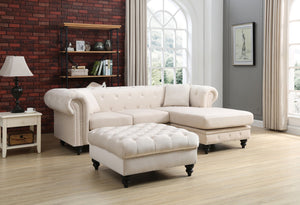 English Elm Nola Velvet Tufted Sofa Chaise with Nailhead Trim, Pocketed Coil Cushions and Turned Wood Legs Ivory 14 L x 27 W x 72 H B078S00012