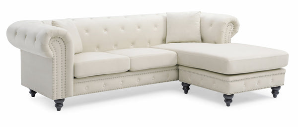 English Elm Nola Velvet Tufted Sofa Chaise with Nailhead Trim, Pocketed Coil Cushions and Turned Wood Legs Ivory 14 L x 27 W x 72 H B078S00012
