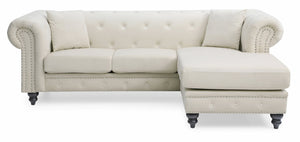 English Elm Nola Velvet Tufted Sofa Chaise with Nailhead Trim, Pocketed Coil Cushions and Turned Wood Legs Ivory 14 L x 27 W x 72 H B078S00012