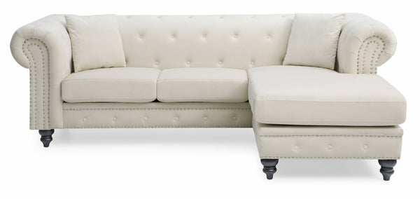 English Elm Nola Velvet Tufted Sofa Chaise with Nailhead Trim, Pocketed Coil Cushions and Turned Wood Legs Ivory 14 L x 27 W x 72 H B078S00012