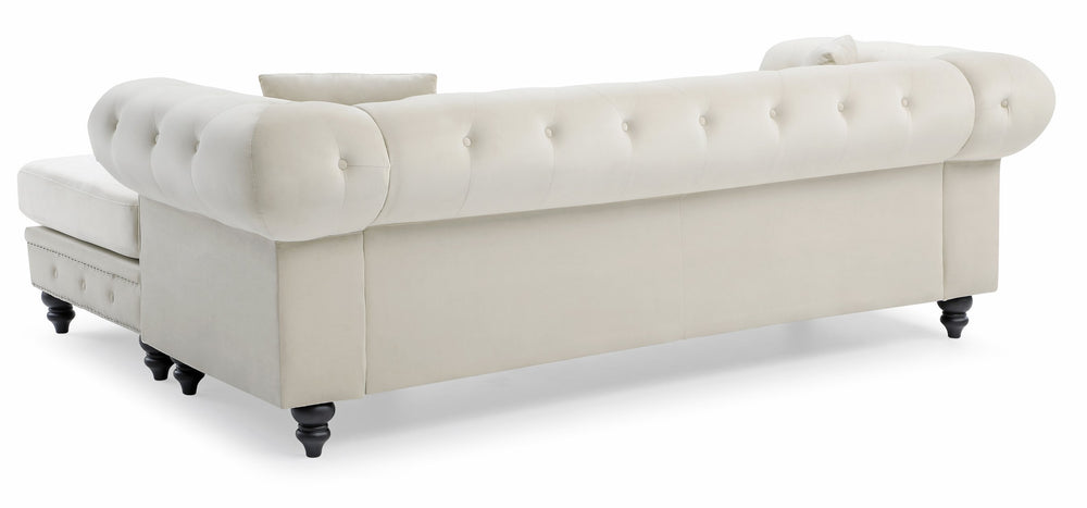 English Elm Nola Velvet Tufted Sofa Chaise with Nailhead Trim, Pocketed Coil Cushions and Turned Wood Legs Ivory 14 L x 27 W x 72 H B078S00012