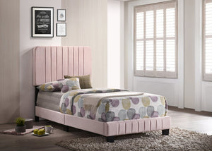 English Elm Charming Pink Channel Tufted Velvet Twin Bed with Wood Slats & Legs, 48"H x 43"W x 81"D, Ships Single Box B078107881