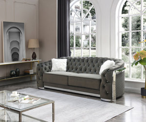 English Elm Glory Velvet Sofa with LED Accent Lighting, Tufted Crystal Buttons, Chrome Trim, Luxe Throw Pillows Gray 33 L x 38 W x 95 H B078107914