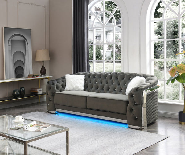 English Elm Glory Velvet Sofa with LED Accent Lighting, Tufted Crystal Buttons, Chrome Trim, Luxe Throw Pillows Gray 33 L x 38 W x 95 H B078107914