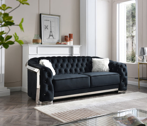 English Elm Sapphire Velvet G0593A-S Sofa Black with LED Lighting, Chrome Trim, Tufted Crystal Buttons, Luxurious B078107916