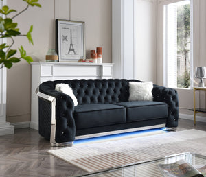 English Elm Sapphire Velvet G0593A-S Sofa Black with LED Lighting, Chrome Trim, Tufted Crystal Buttons, Luxurious B078107916