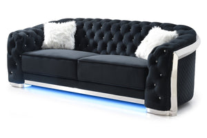 English Elm Sapphire Velvet G0593A-S Sofa Black with LED Lighting, Chrome Trim, Tufted Crystal Buttons, Luxurious B078107916