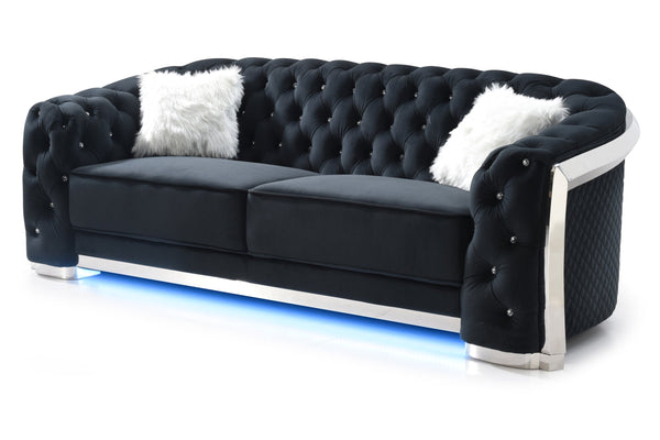 English Elm Sapphire Velvet G0593A-S Sofa Black with LED Lighting, Chrome Trim, Tufted Crystal Buttons, Luxurious B078107916